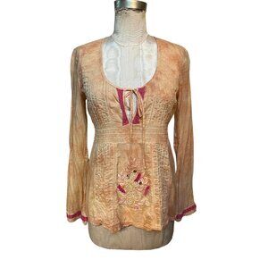 Vintage Free People Boho Chic Shirt XS/S Coral Embroidered